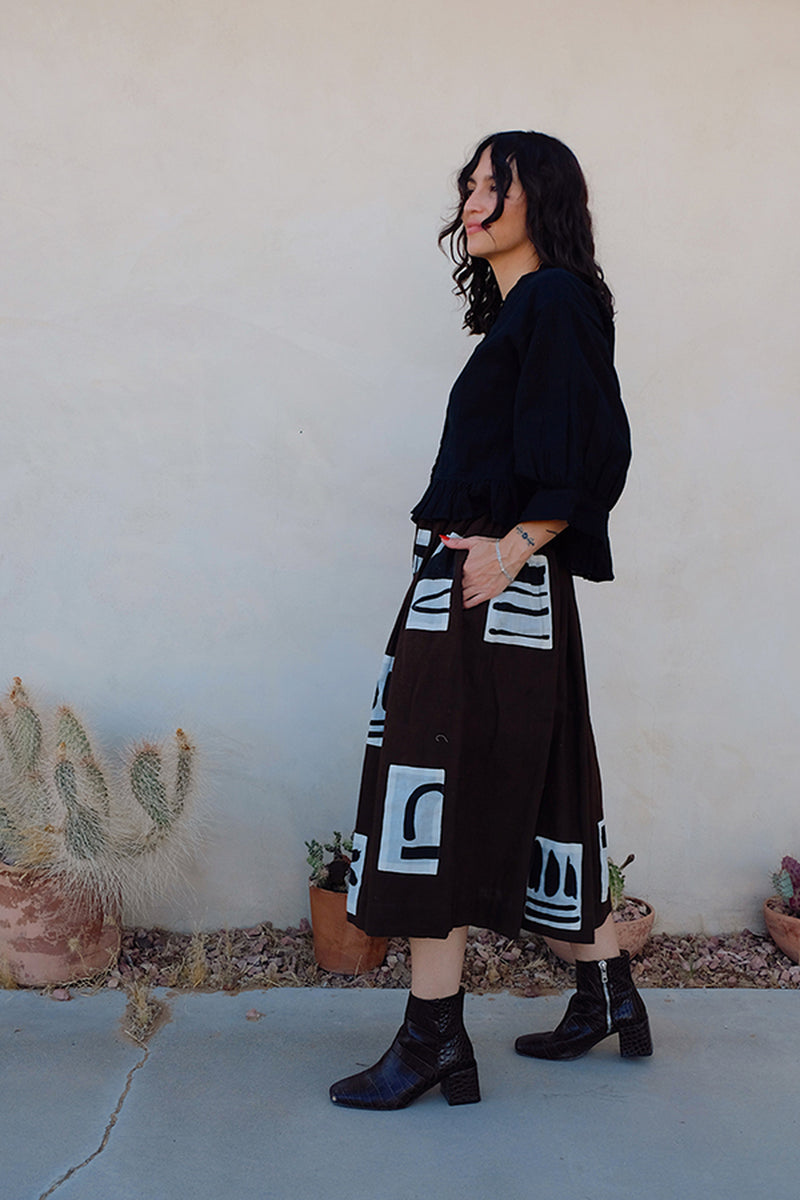 Joy Skirt-Monochrome Patches hand-woven organic cotton skirt by World of Crow in brown for women Worldwide
