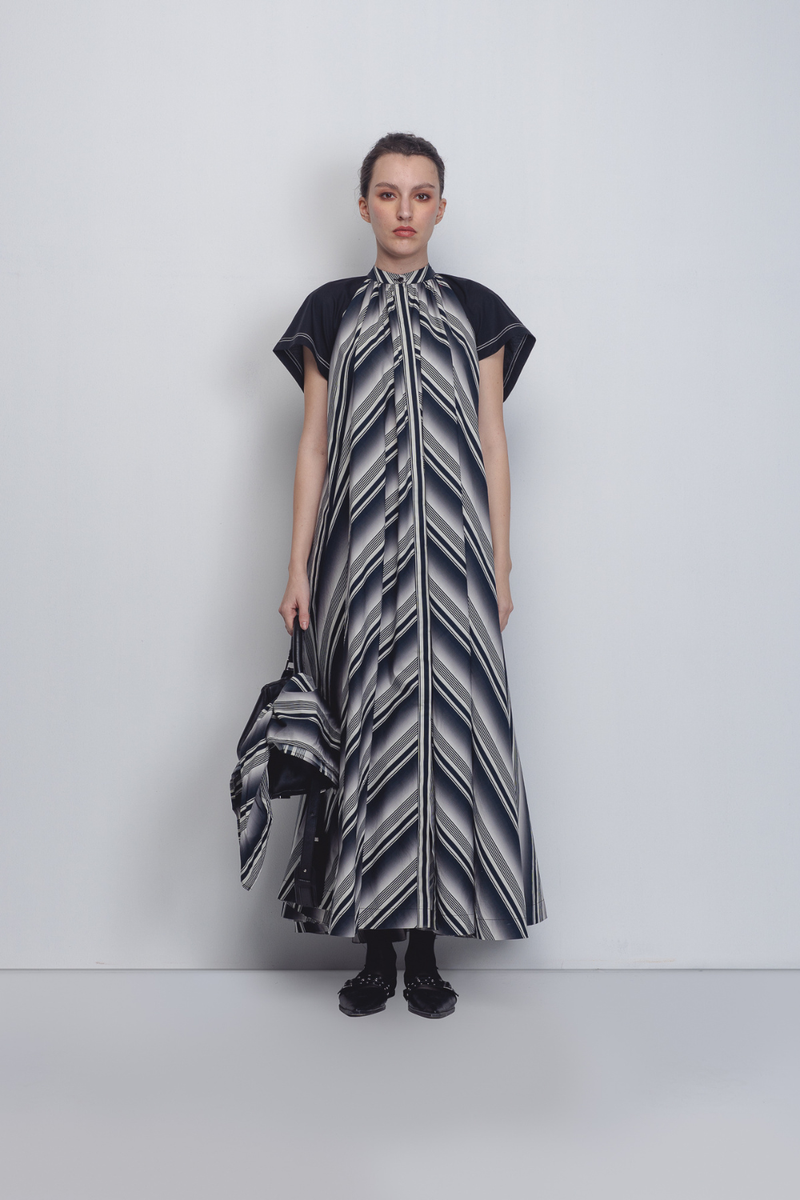Julia Tent Dress - Black + White Stripes cotton by Leh Studios in black color for women Worldwide