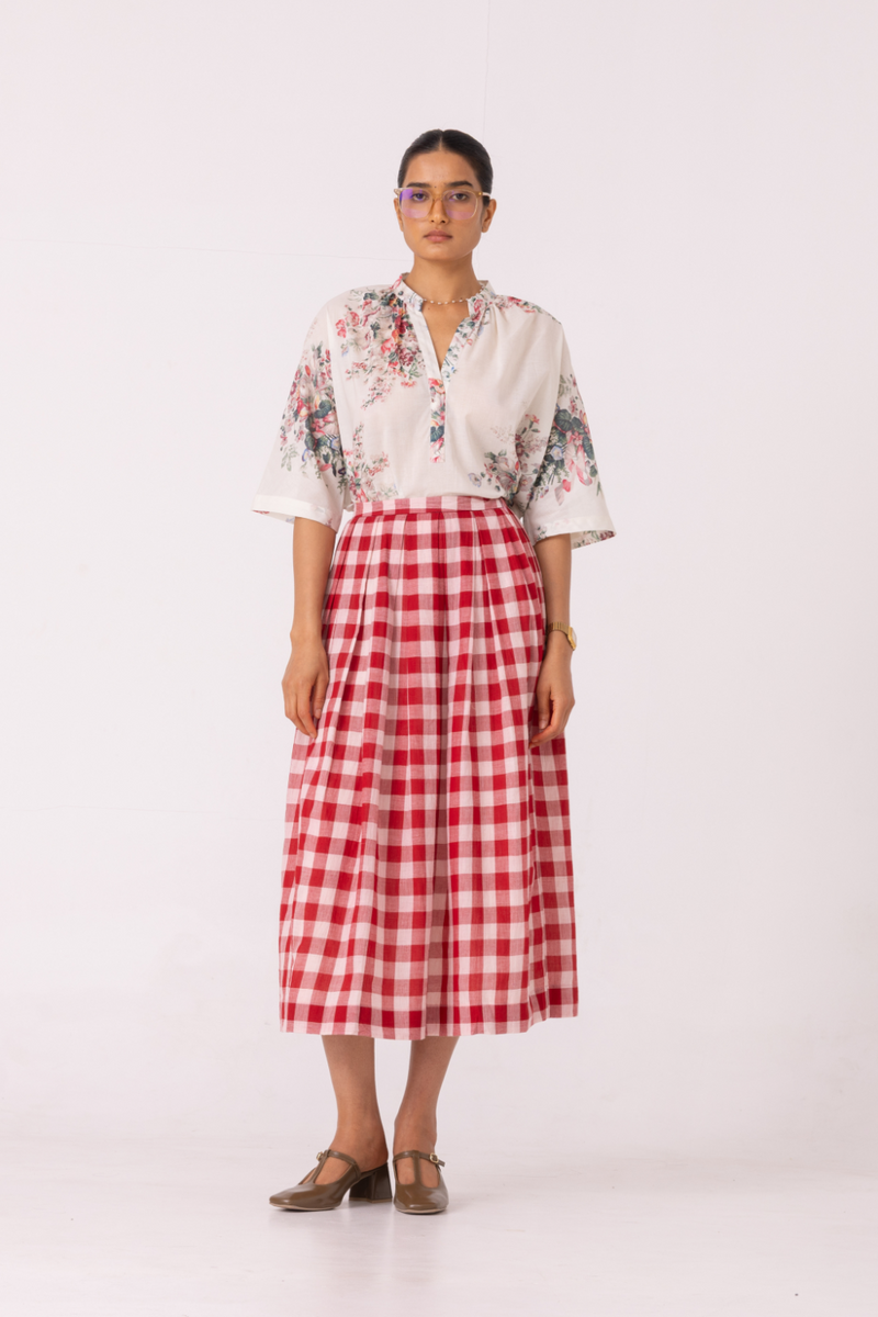 June Red Checkered Handwoven Skirt cotton by The Summer House for women Worldwide