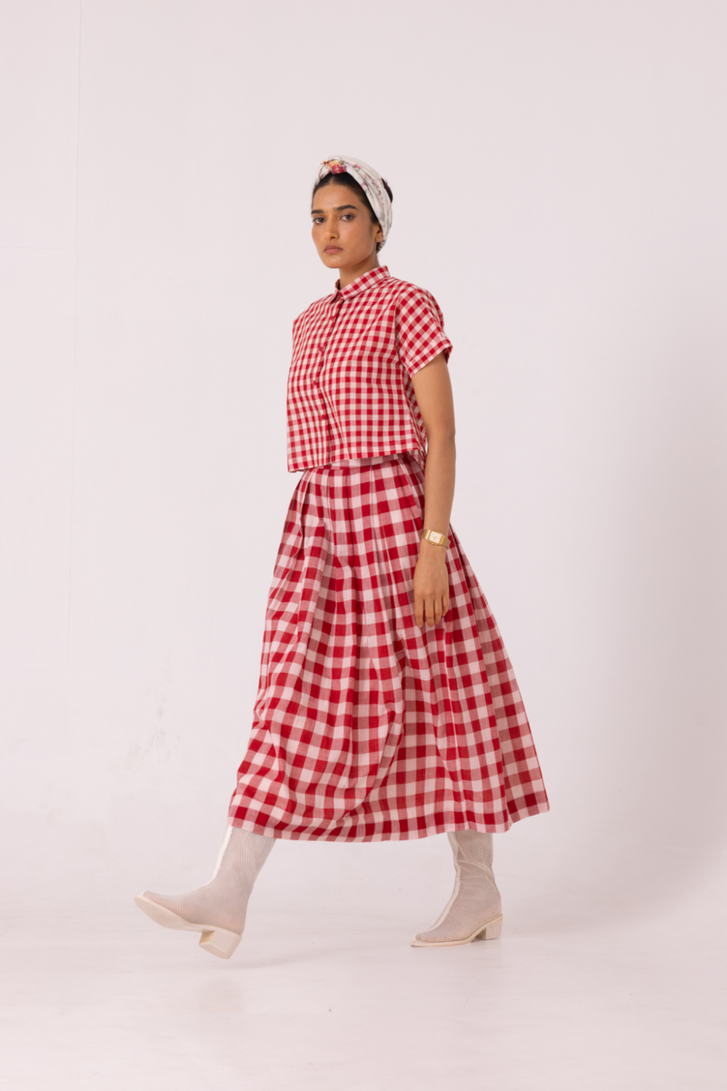 June Red Checkered Handwoven Skirt cotton by The Summer House for women Worldwide