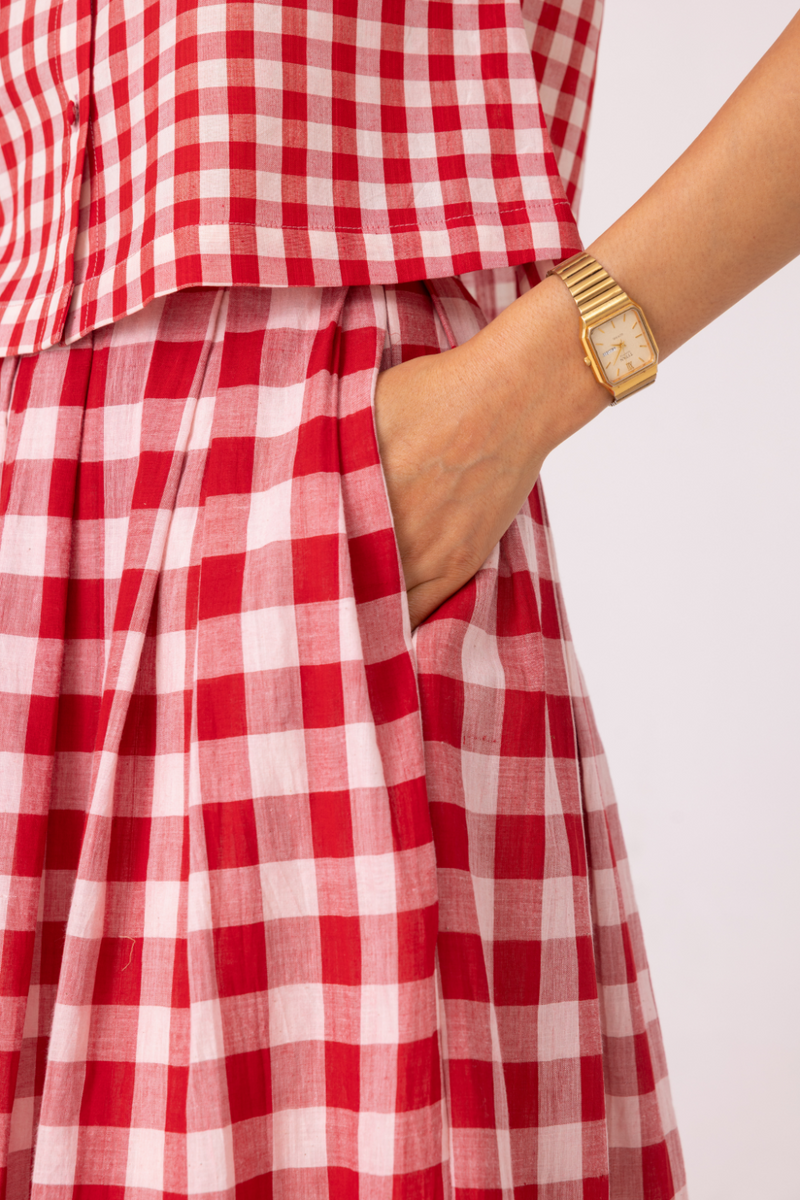 June Red Checkered Handwoven Skirt cotton by The Summer House for women Worldwide