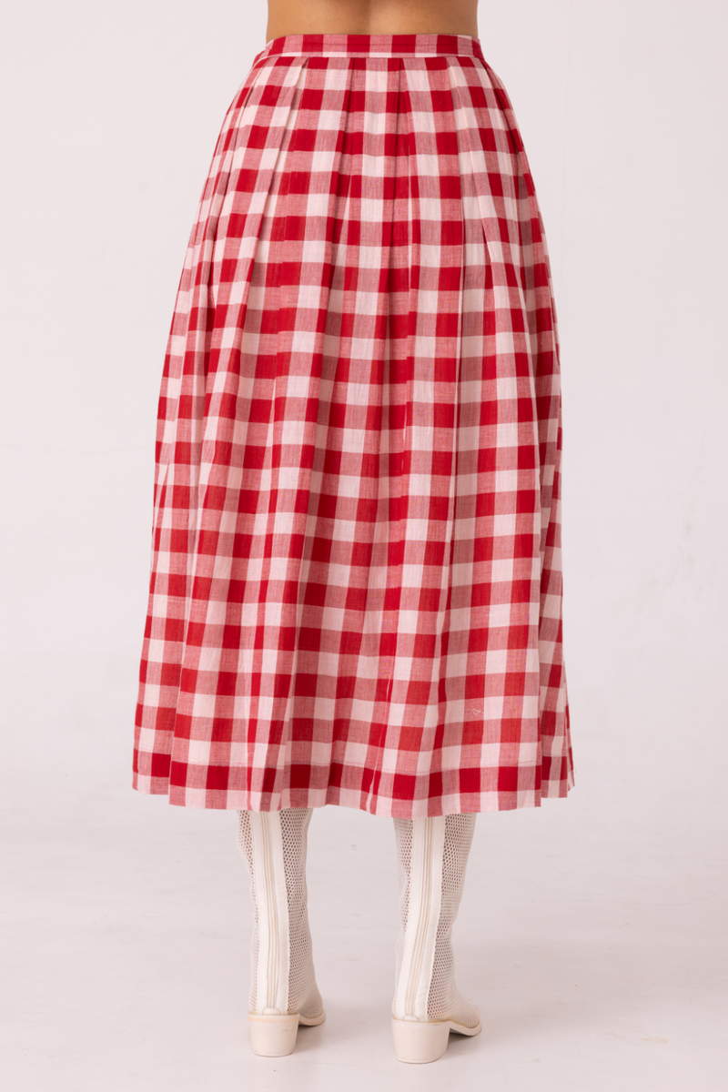 June Red Checkered Handwoven Skirt cotton by The Summer House for women Worldwide