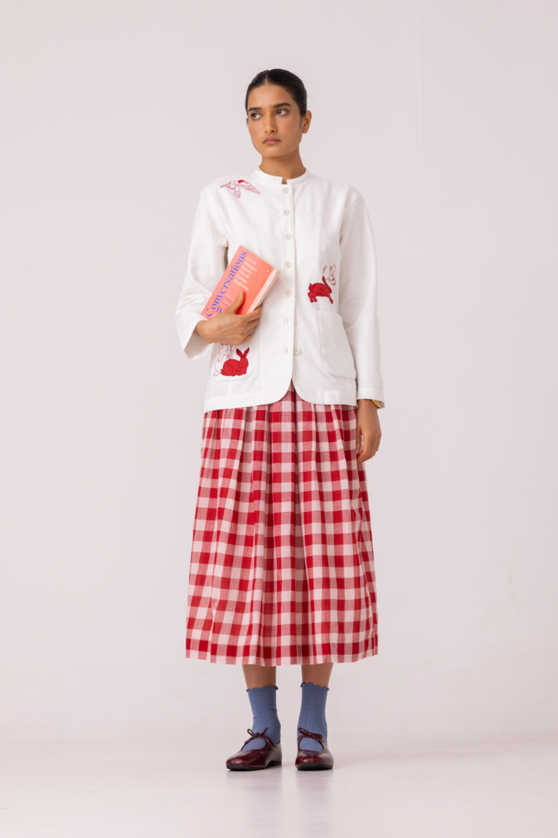 June Red Checkered Handwoven Skirt cotton by The Summer House for women Worldwide