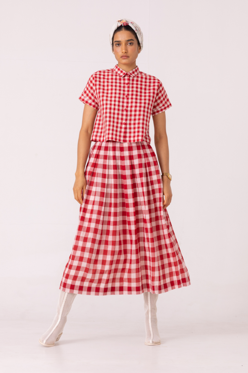 June Red Checkered Handwoven Skirt cotton by The Summer House for women Worldwide