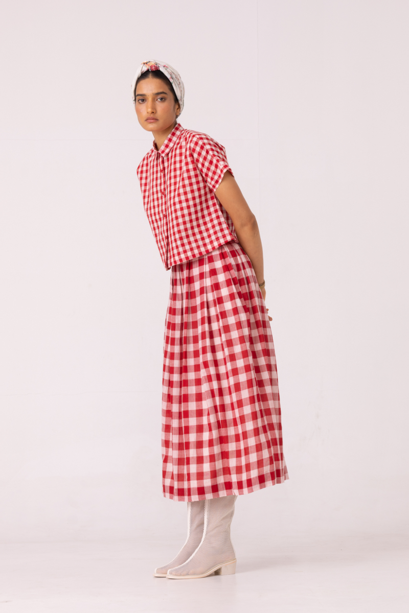 June Red Checkered Handwoven Skirt cotton by The Summer House for women Worldwide