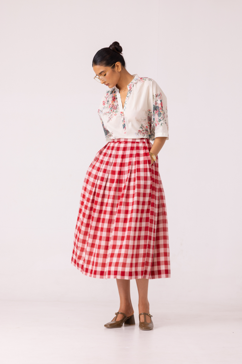 June Red Checkered Handwoven Skirt cotton by The Summer House for women Worldwide