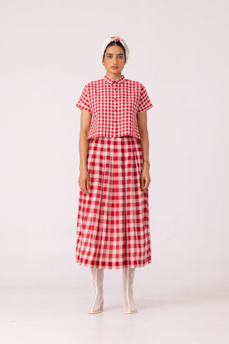 June Red Checkered Handwoven Skirt cotton by The Summer House for women Worldwide