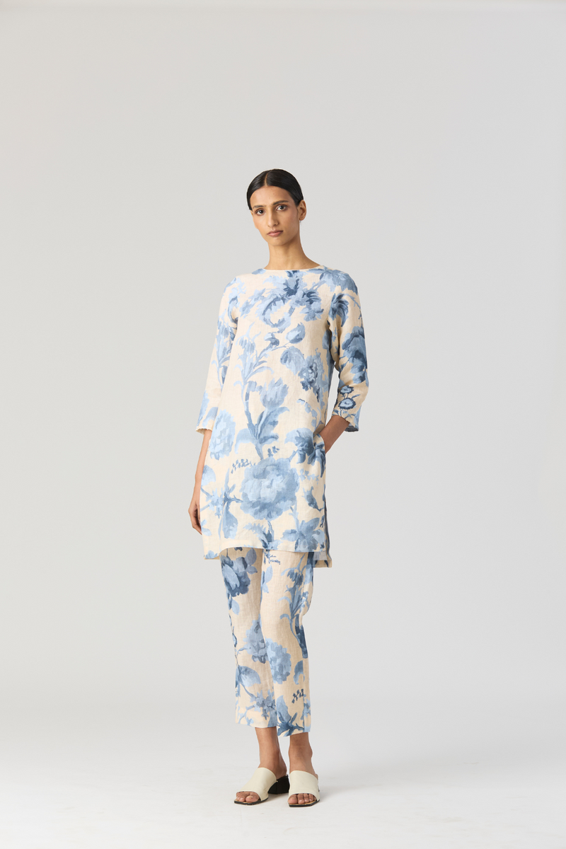 JUNO LINEN KURTA SET by Yam in blue color for women Worldwide