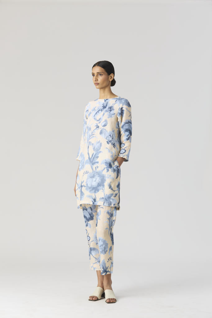 JUNO LINEN KURTA SET by Yam in blue color for women Worldwide