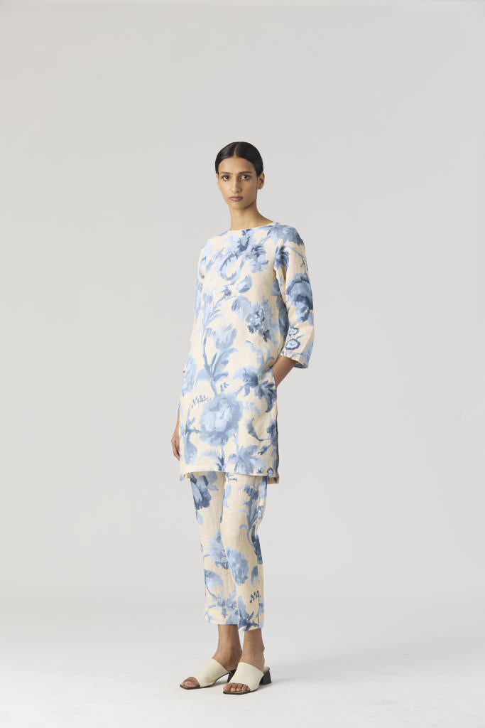 JUNO LINEN KURTA SET by Yam in blue color for women Worldwide