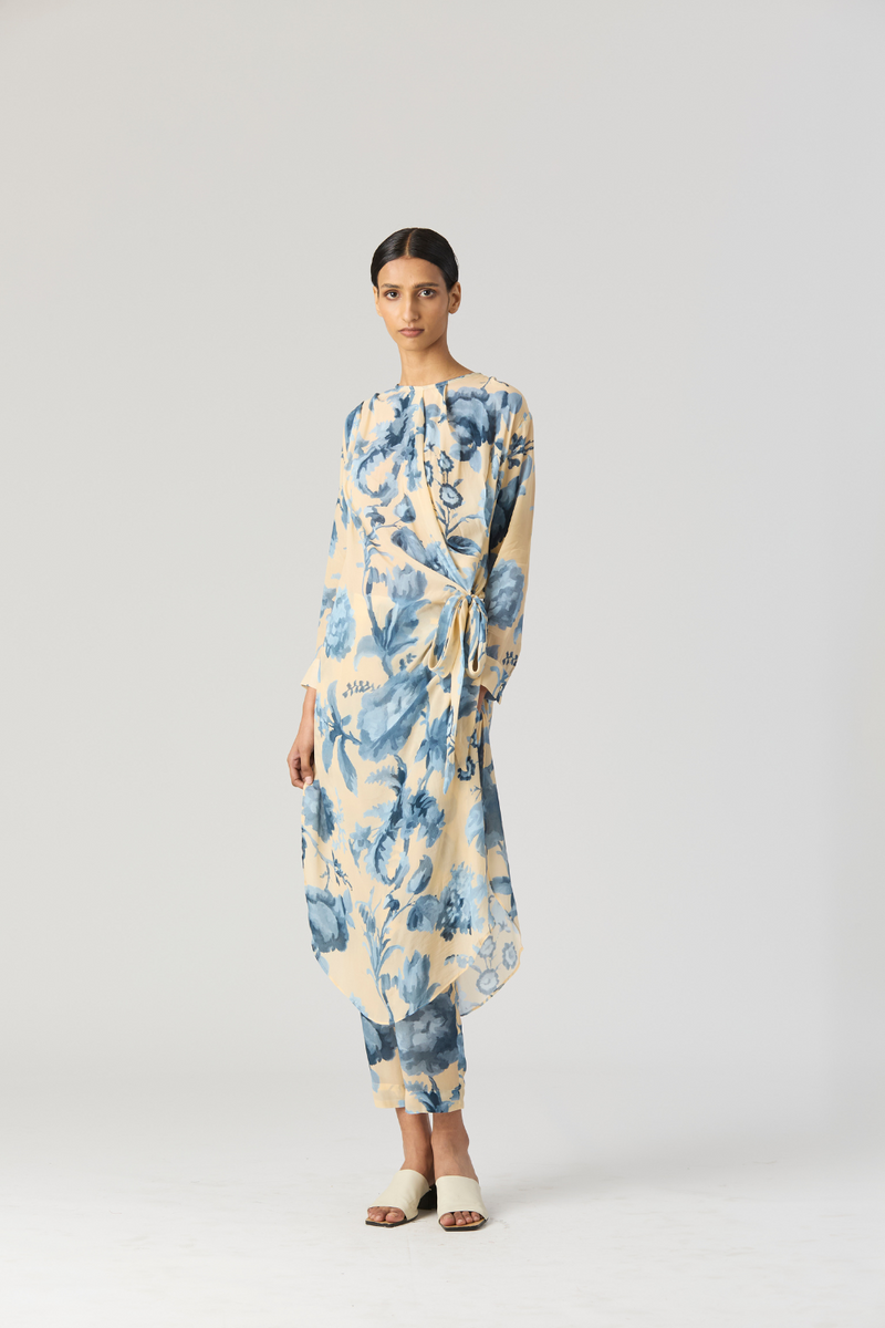 JUNO SIDE WRAP KURTA SET by Yam in blue color for women Worldwide