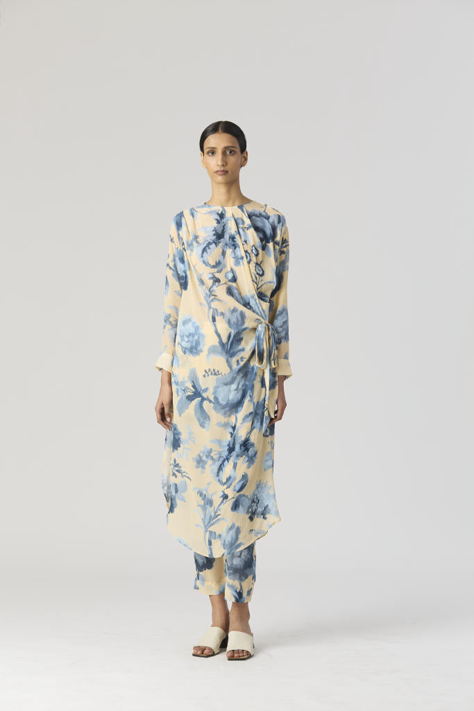 JUNO SIDE WRAP KURTA SET by Yam in blue color for women Worldwide