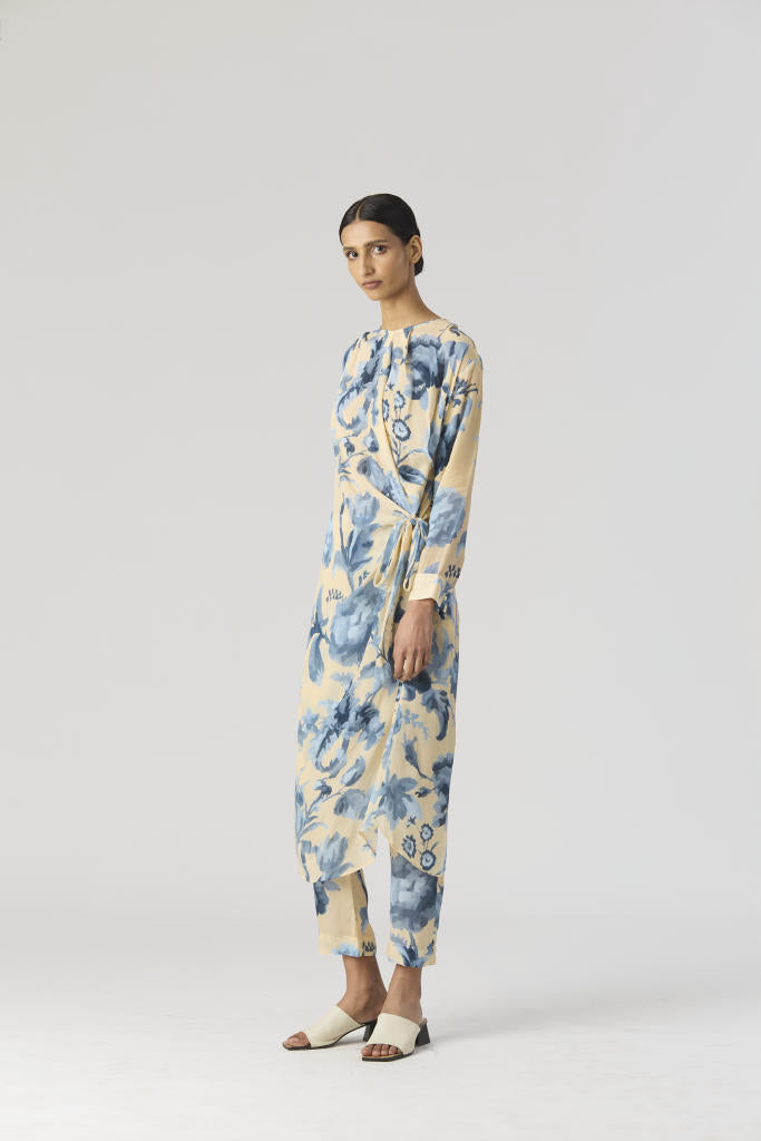 JUNO SIDE WRAP KURTA SET by Yam in blue color for women Worldwide