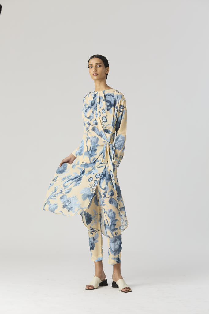 JUNO SIDE WRAP KURTA SET by Yam in blue color for women Worldwide