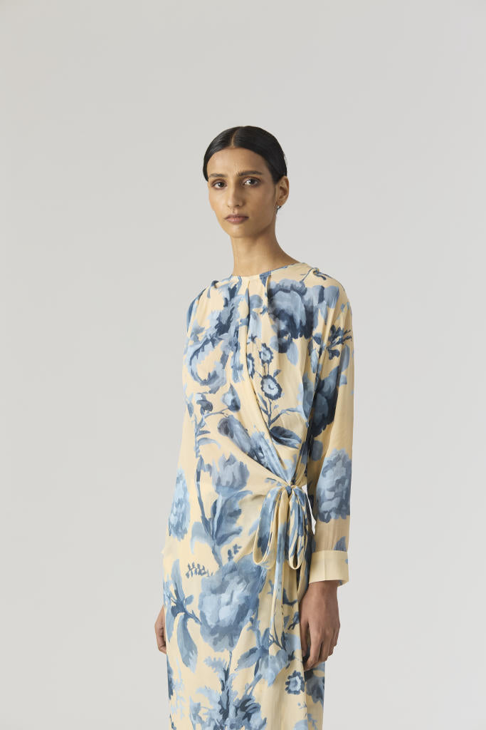 JUNO SIDE WRAP KURTA SET by Yam in blue color for women Worldwide