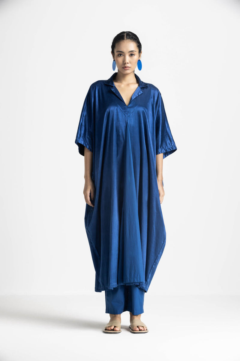 V NECK KAFTAN - BLUE satin by THREE in blue color for women Worldwide