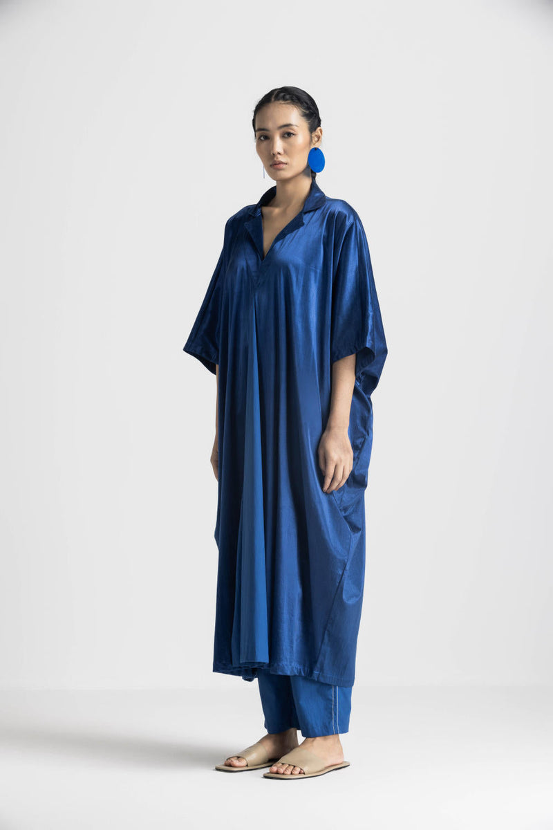V NECK KAFTAN CO ORD (SET OF 3) - ELECTRIC BLUE satin by THREE in blue color for women Worldwide