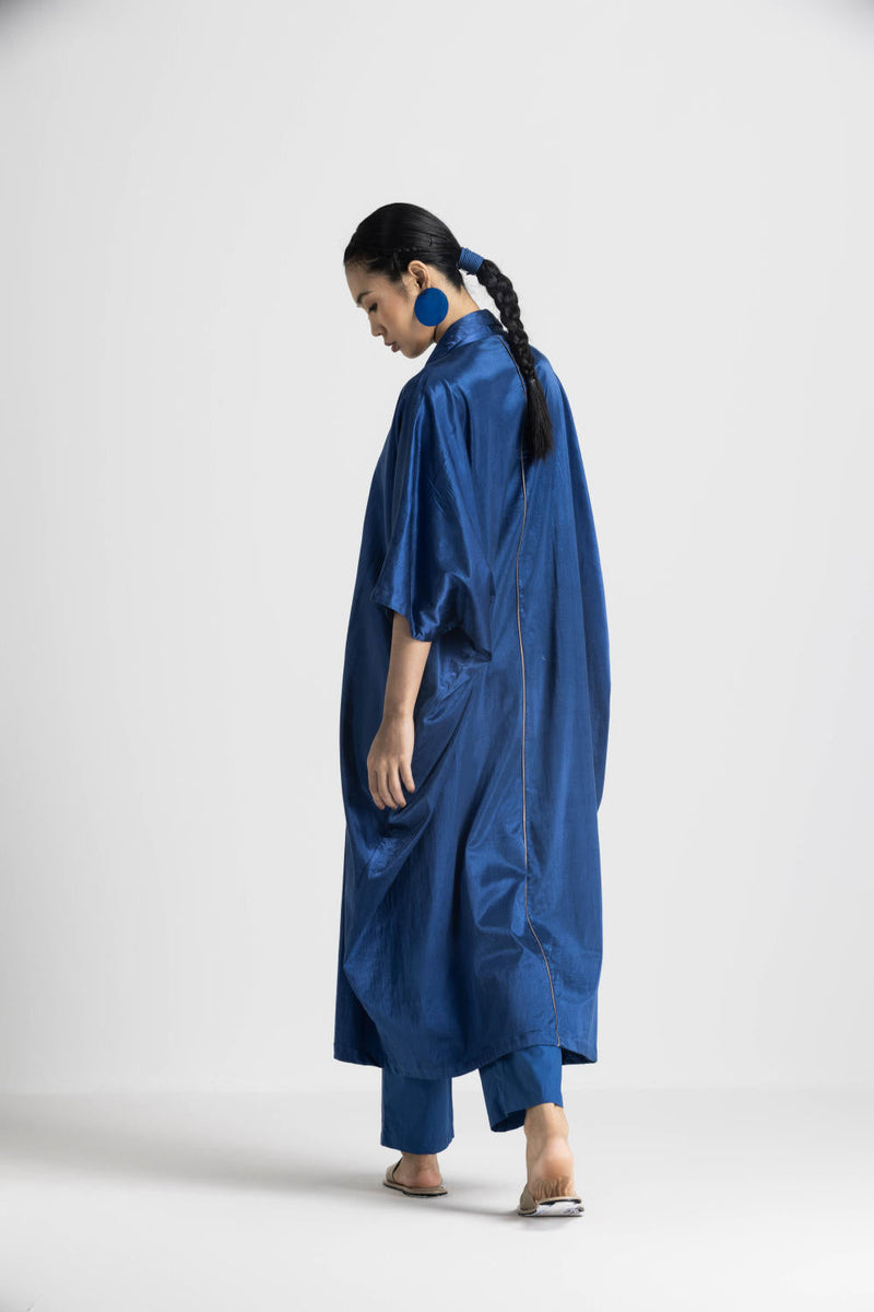 V NECK KAFTAN - BLUE satin by THREE in blue color for women Worldwide
