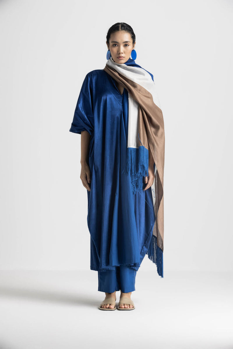 V NECK KAFTAN CO ORD (SET OF 3) - ELECTRIC BLUE satin by THREE in blue color for women Worldwide