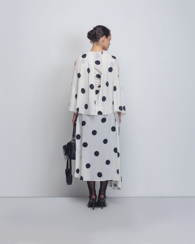 Kaia Draped Dress - White + Black Dots by Leh Studios in black color for women Worldwide