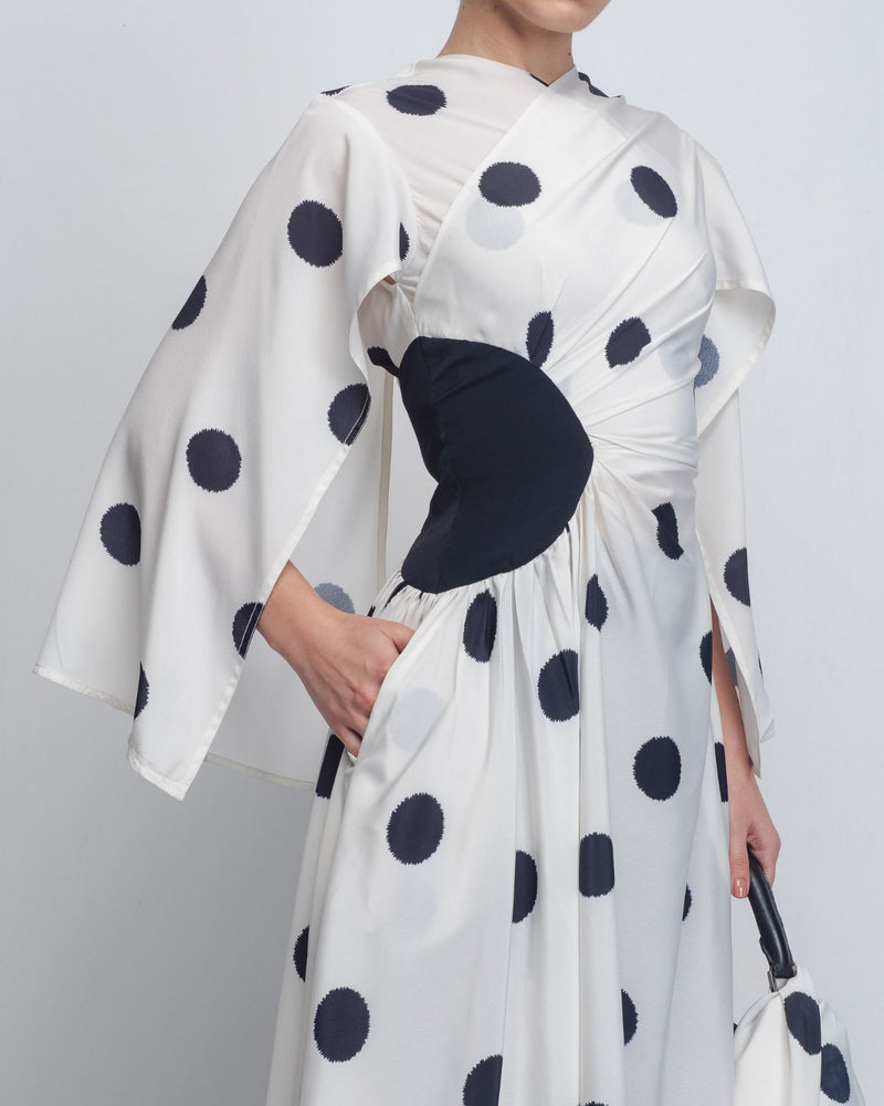 Kaia Draped Dress - White + Black Dots by Leh Studios in black color for women Worldwide