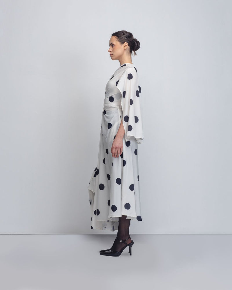 Kaia Draped Dress - White + Black Dots by Leh Studios in black color for women Worldwide
