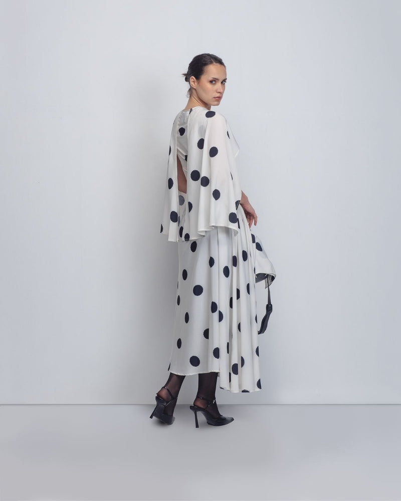 Kaia Draped Dress - White + Black Dots by Leh Studios in black color for women Worldwide