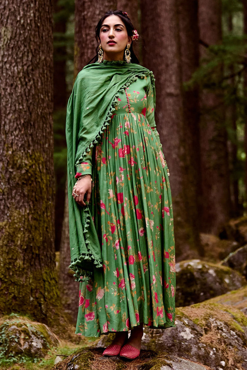 Kendal Anarkali Set – Green cotton silk by Paulmi & Harsh-kahan Sep'26 in green for women Worldwide