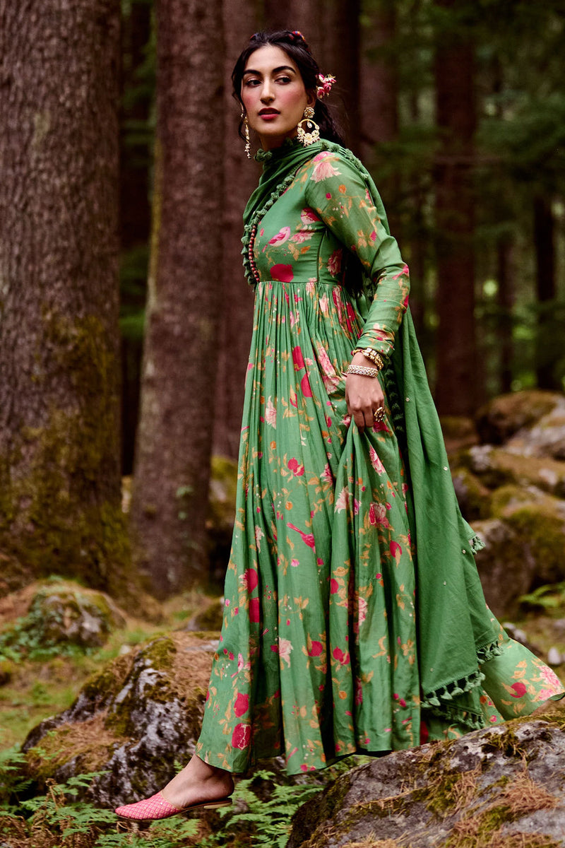 Kendal Anarkali Set – Green cotton silk by Paulmi & Harsh-kahan Sep'26 in green for women Worldwide