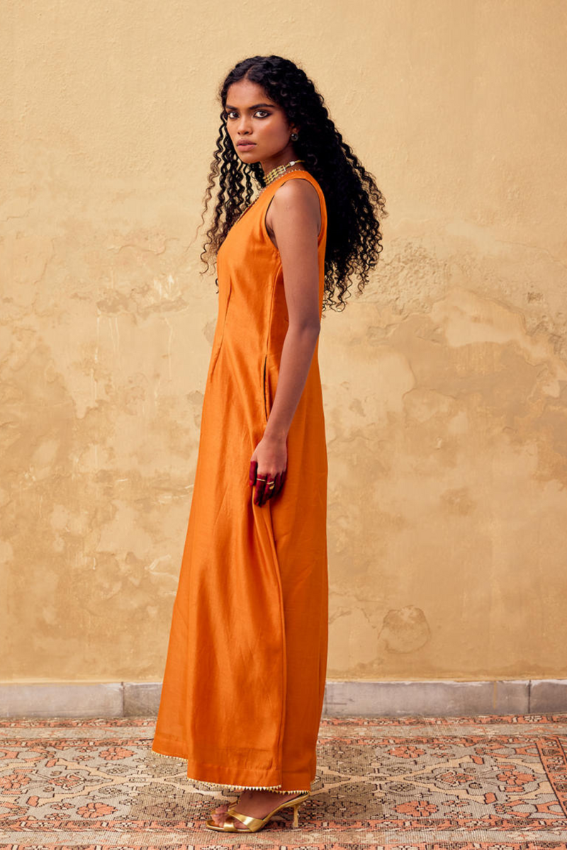 Kesar Jumpsuit chanderi by Khara Kapas in orange for women Worldwide