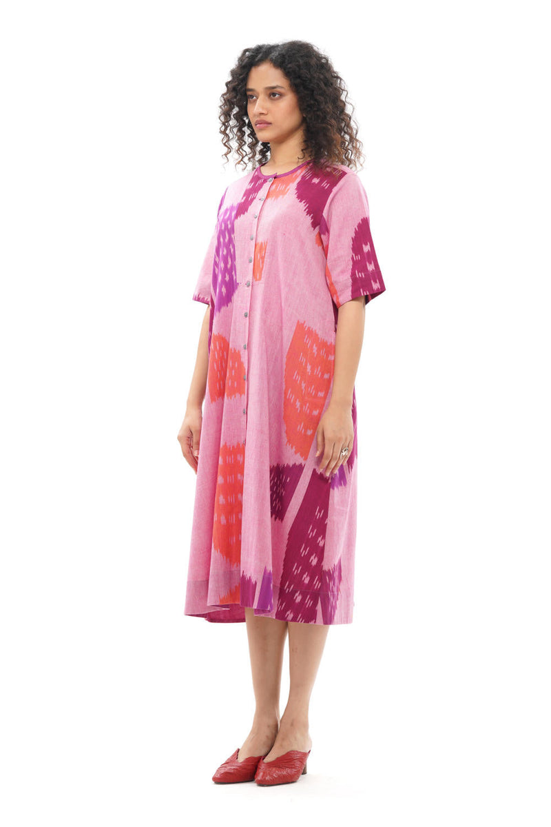 KIKU YOKE DRESS 100% cotton by Translate - Handwoven Ikat in pink color for women Worldwide