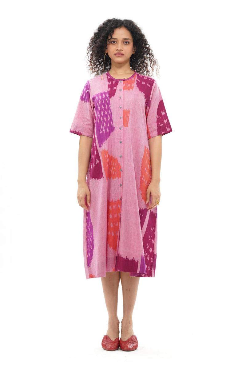 KIKU YOKE DRESS 100% cotton by Translate - Handwoven Ikat in pink color for women Worldwide