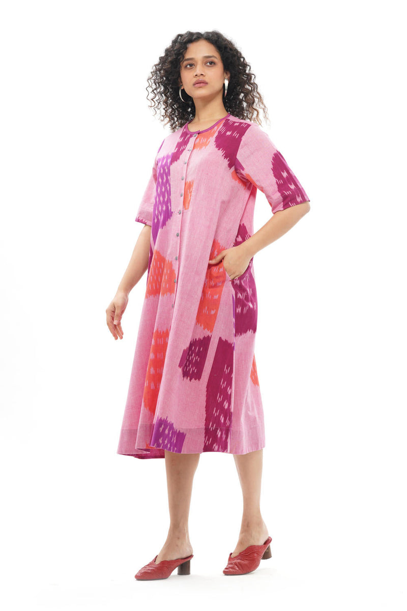 KIKU YOKE DRESS 100% cotton by Translate - Handwoven Ikat in pink color for women Worldwide