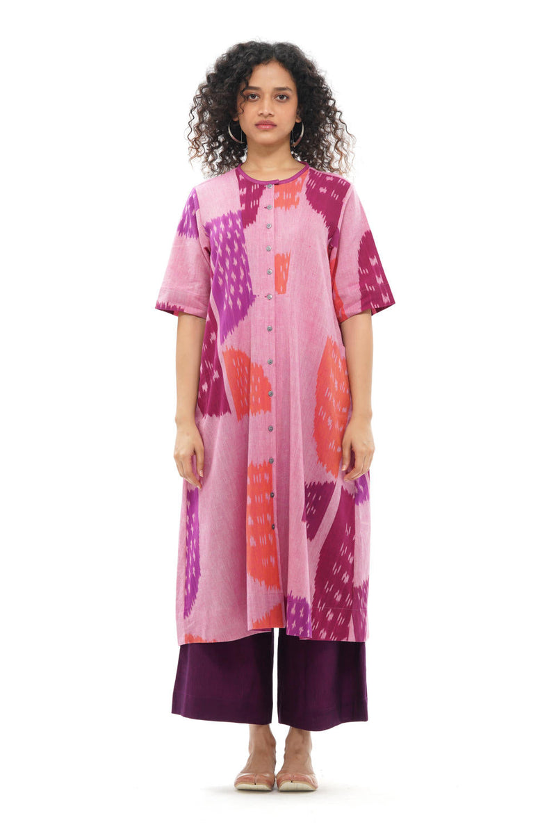 KIKU YOKE DRESS 100% cotton by Translate - Handwoven Ikat in pink color for women Worldwide