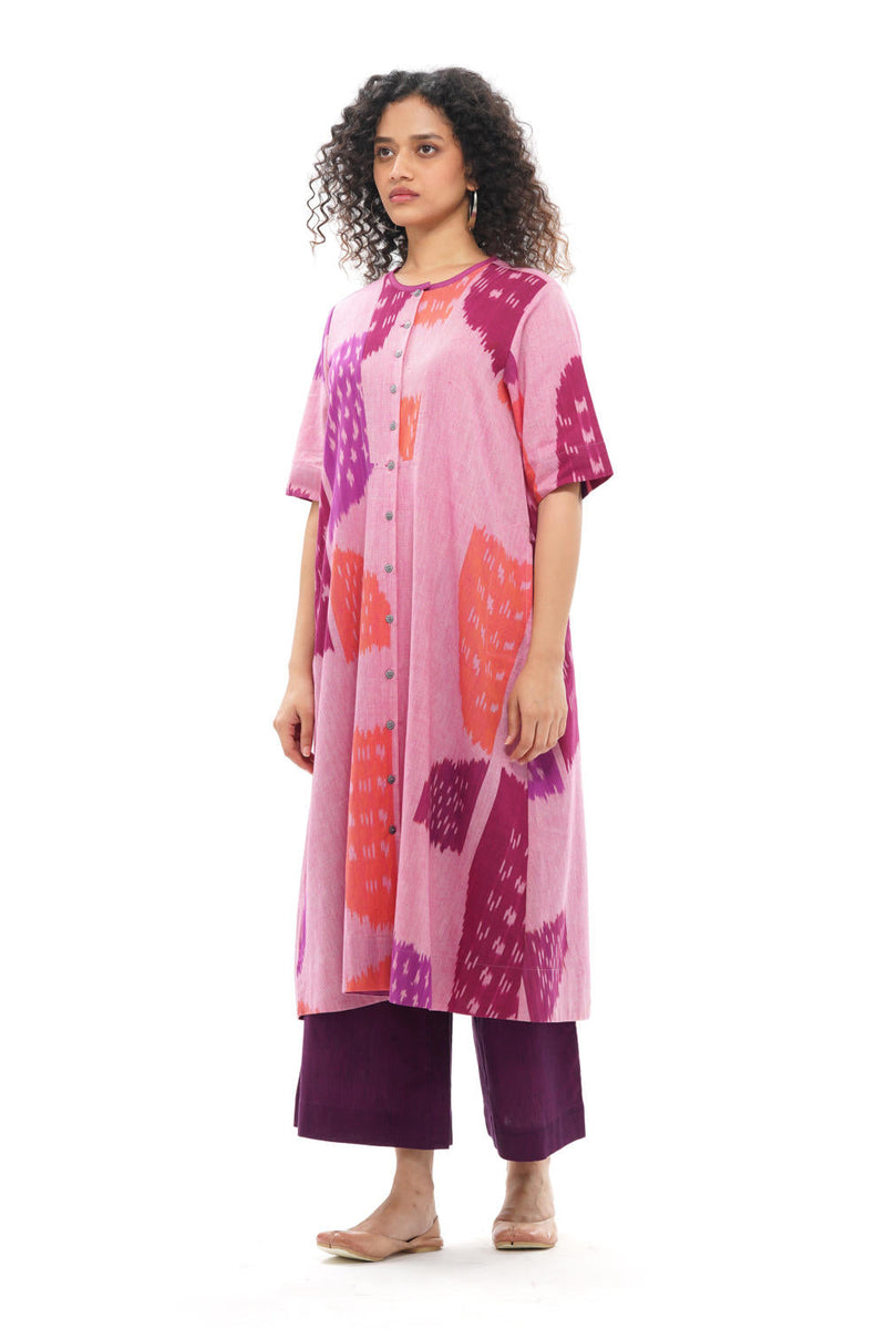 KIKU YOKE DRESS 100% cotton by Translate - Handwoven Ikat in pink color for women Worldwide