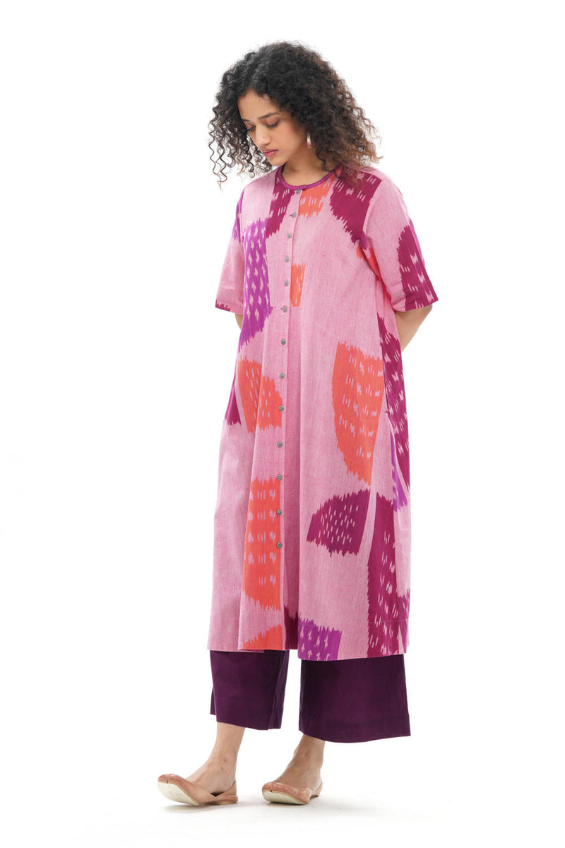 KIKU YOKE DRESS 100% cotton by Translate - Handwoven Ikat in pink color for women Worldwide