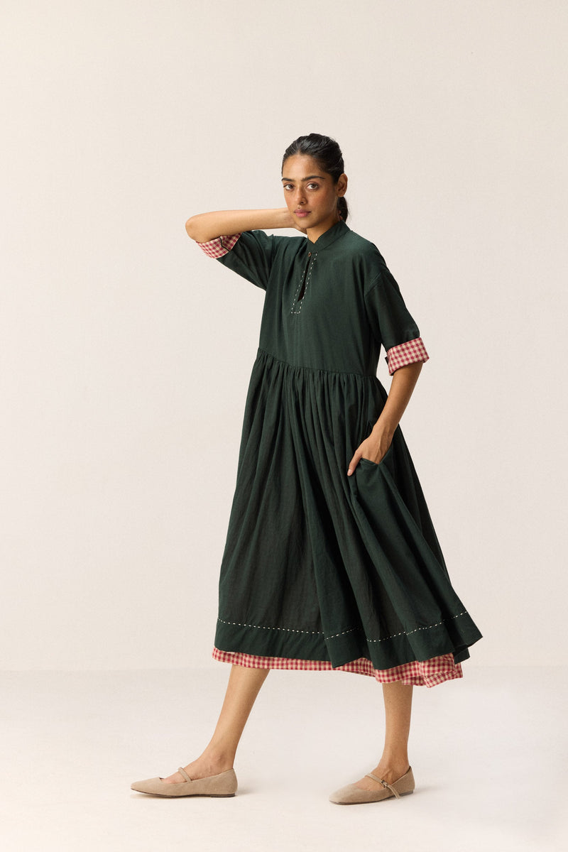 Tangled in Checks Dress cotton by Khara Kapas in green for women Worldwide