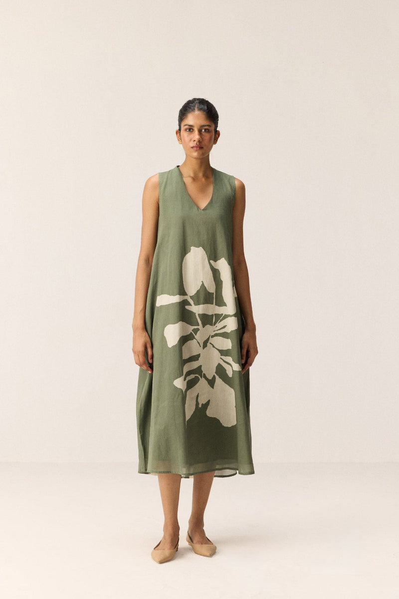 Faded Herb Dress cotton by Khara Kapas in green for women Worldwide