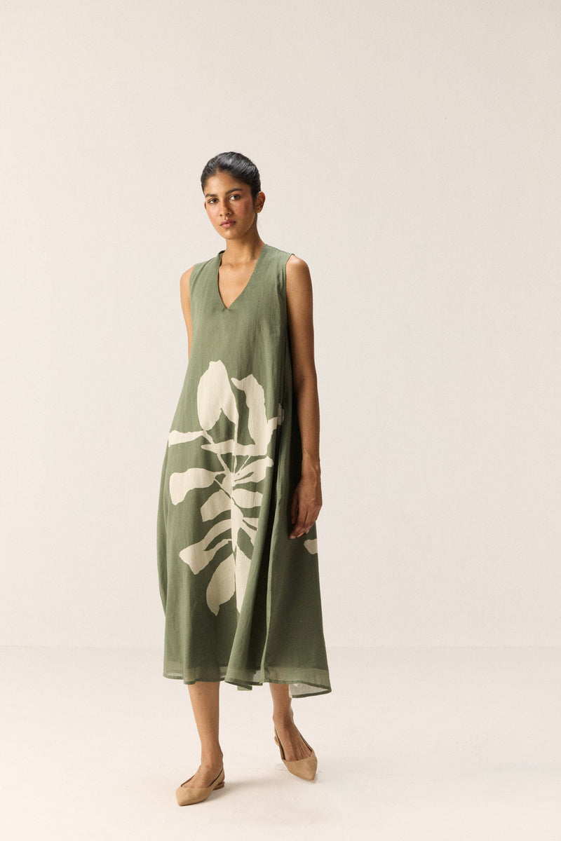 Faded Herb Dress cotton by Khara Kapas in green for women Worldwide