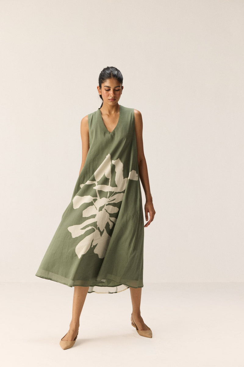Faded Herb Dress cotton by Khara Kapas in green for women Worldwide