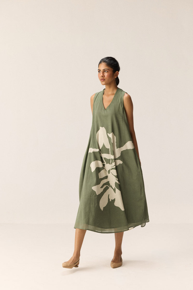 Faded Herb Dress cotton by Khara Kapas in green for women Worldwide
