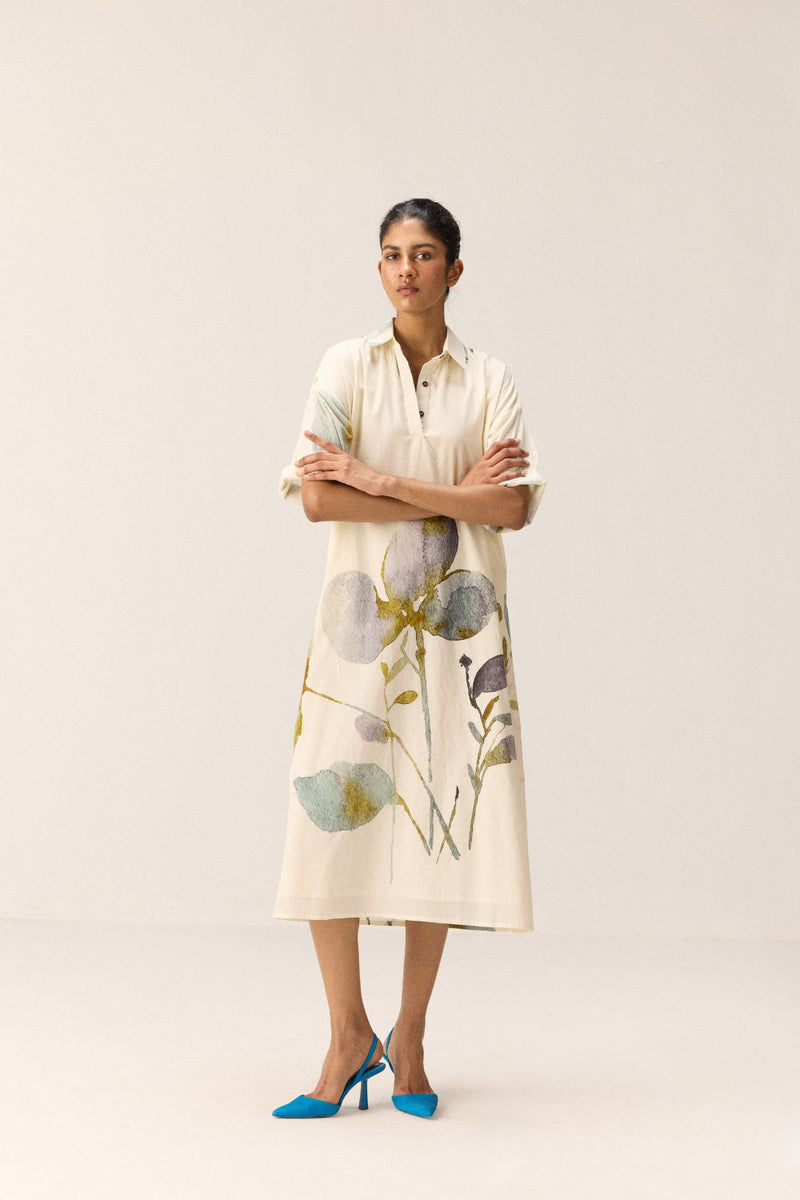 Floral whisper Dress cotton by Khara Kapas in white for women Worldwide