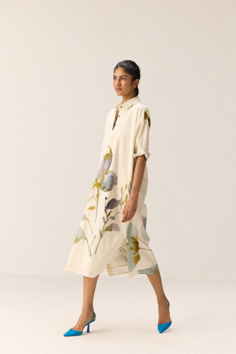 Floral whisper Dress cotton by Khara Kapas in white for women Worldwide