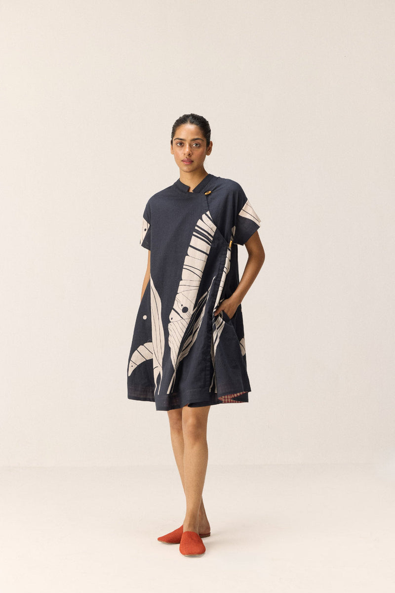 Phantom Leaves Dress cotton by Khara Kapas in black for women Worldwide