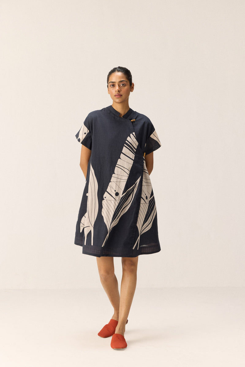 Phantom Leaves Dress cotton by Khara Kapas in black for women Worldwide