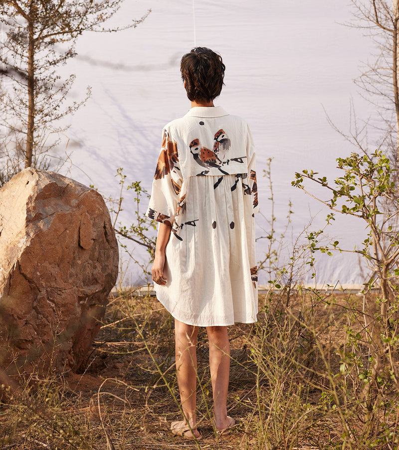 Panchi Shirt dress cotton by Khara Kapas in white for women Worldwide