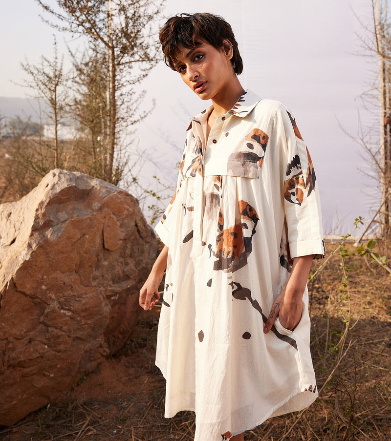 Panchi Shirt dress cotton by Khara Kapas in white for women Worldwide