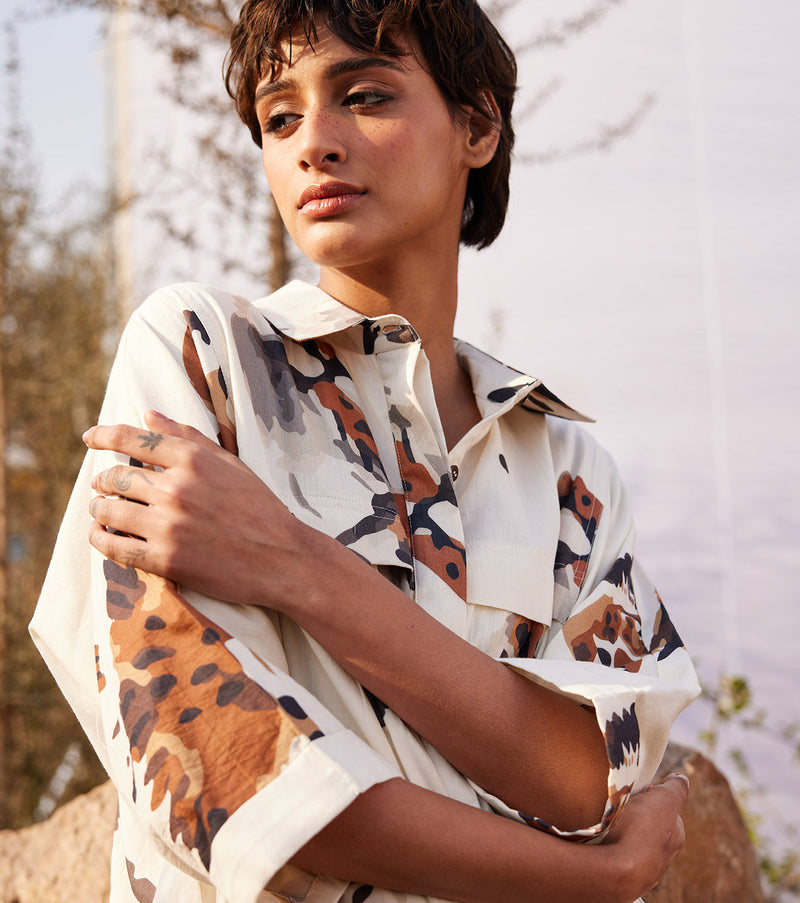 Panchi Shirt dress cotton by Khara Kapas in white for women Worldwide