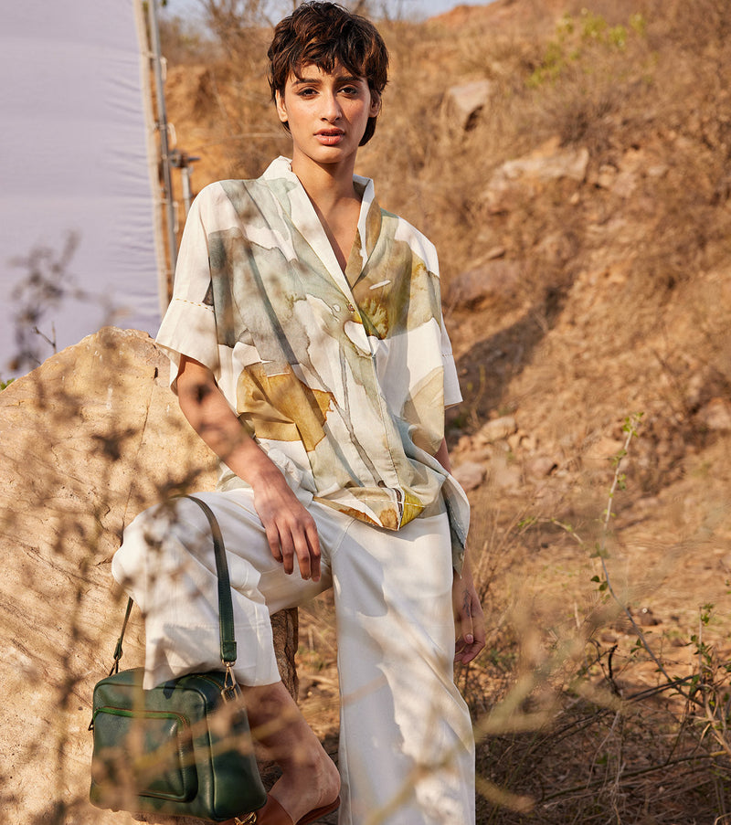 Verdure co ord set cotton by Khara Kapas in white for women Worldwide