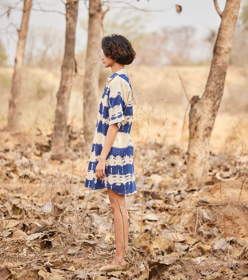 Barish shirt dress cotton by Khara Kapas in blue for women Worldwide